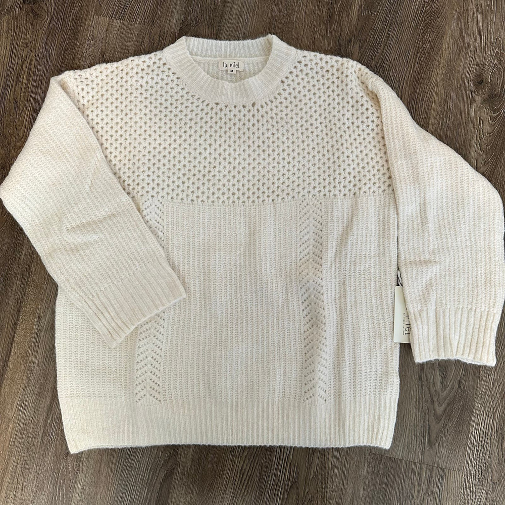 La Miel Knit Mixed Pattern Cream Long Sleeve Pullover Womens Sweater Cozy New